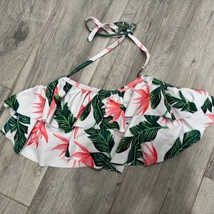 White and green tropical print halter top with ruffle detail